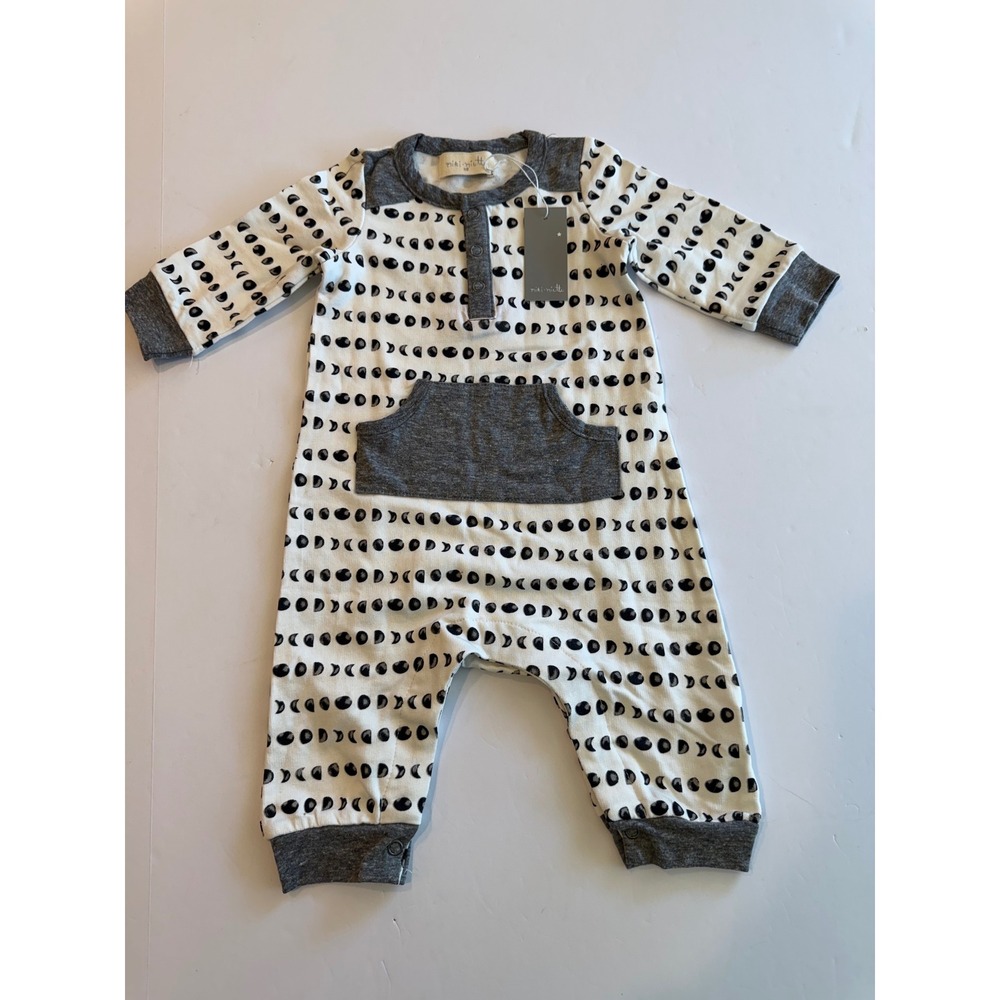 Miki‎ Miette Moon Phase Print Long Sleeve Romper Henley Gray White NB New
